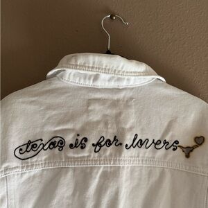 White Anthropologie Denim Jacket with 'Texas is for Lovers' Chainstitching